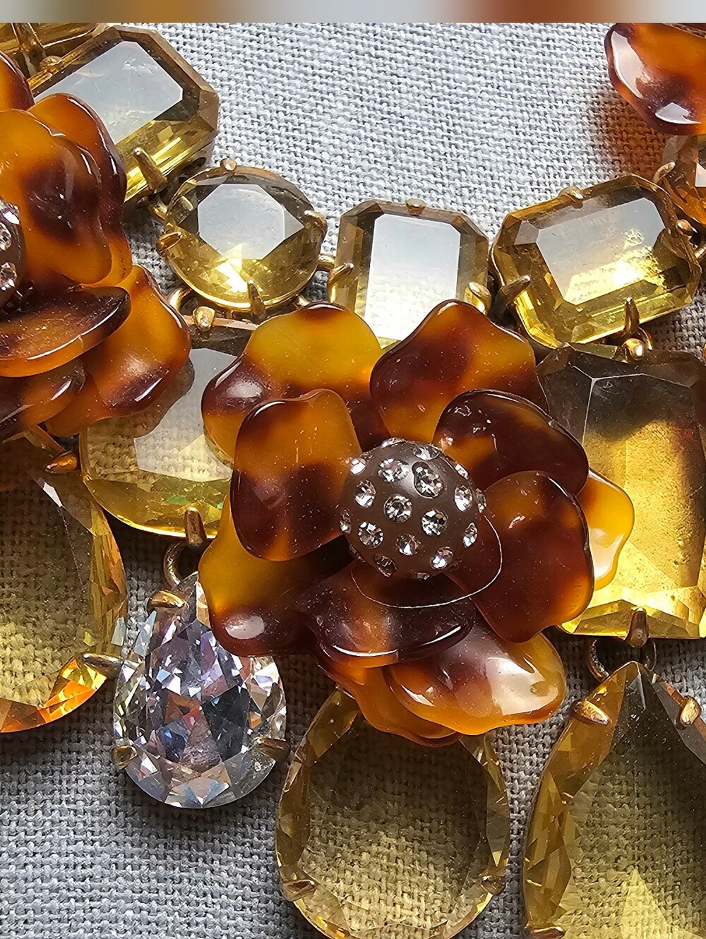 [J. Crew] Chunky Tortoise Flowers Yellow & Clear Faceted Crystal Bib Statement - Picture 12 of 16